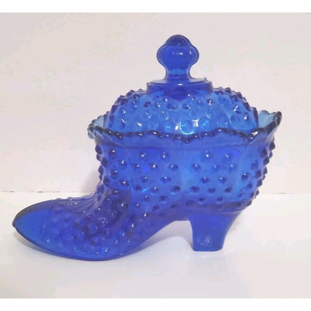 Cobalt Blue Glass Hobnail Shoe Slipper Lidded Trinket Box Candy Dish Vtg 1970's